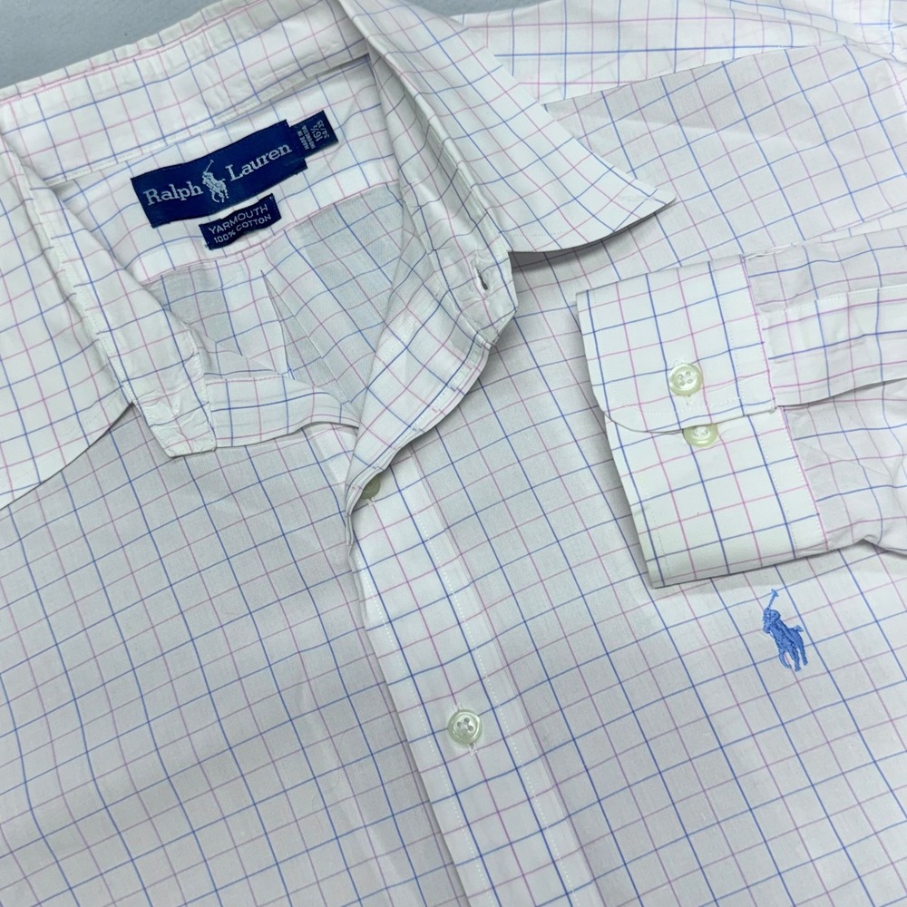 Ralph Lauren Yarmouth 16.5 34/35 White Pink Blue Tattersall Check Cotton Shirt